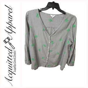 Crown & Ivy Embroidered Button Down Puff Long Sleeves Striped Blouse Top